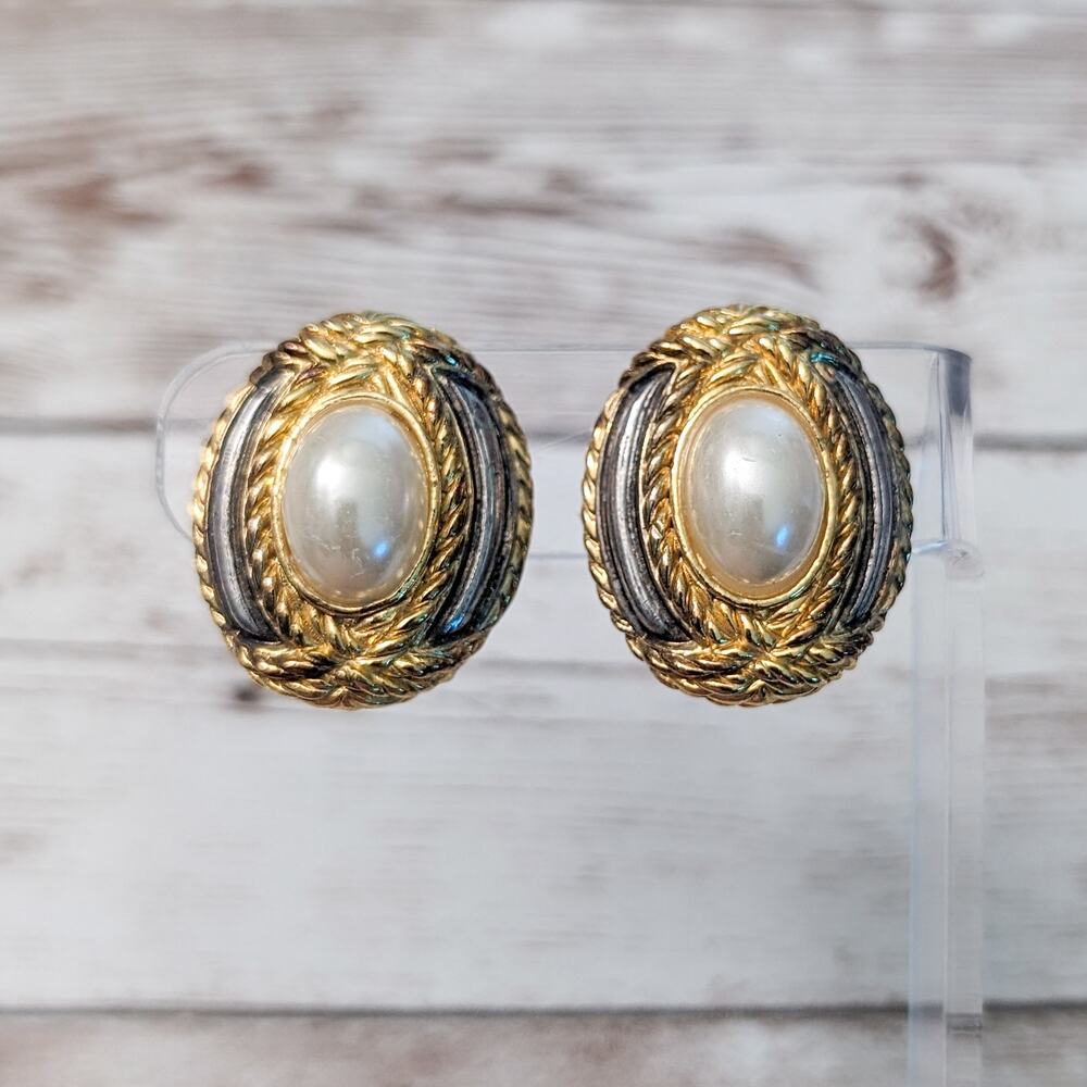 Vintage Clip On Earrings - Statement Oval Gold Tone, Grey, Faux Pearl